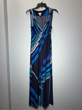 Chico's Geometric Blue Striped Maxi Dress Embellished V-Neck